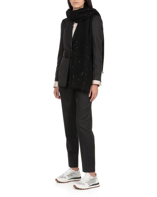 Brunello Cucinelli Black Sequin-Embellished Frayed Scarf