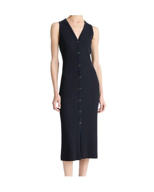 Vince Blue Ribbed Cotton-Blend Button-Front Dress