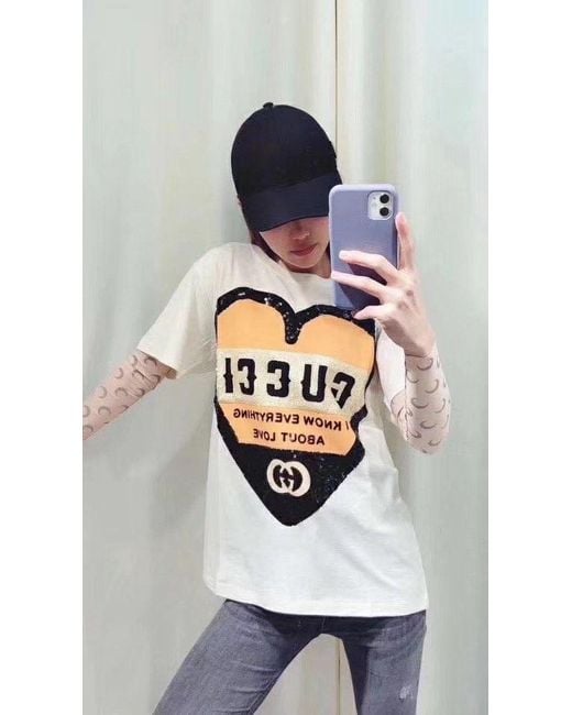 Gucci White Printed Round Collar T-Shirt