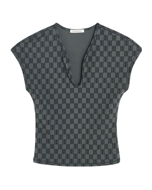 By Malene Birger Gray Venazia Monogram-Pattern V-Neck Top