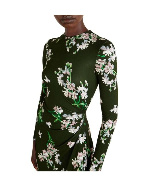Erdem Green Gathered Floral-Print Jersey Midi Dress