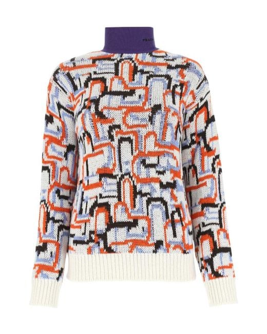 Prada White Abstract Pattern High-Neck Sweater