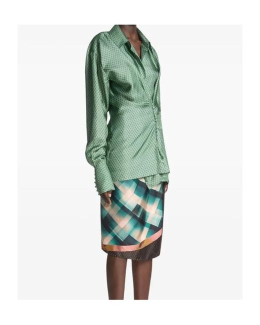 Dries Van Noten Green Draped Silk Geometric Blouse
