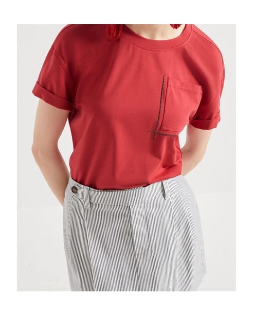 Brunello Cucinelli Red Embellished Crewneck T-Shirt