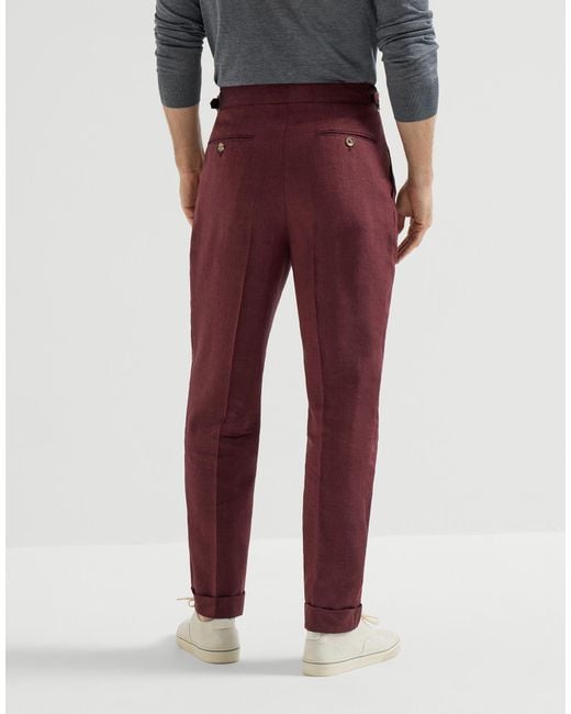 Brunello Cucinelli Red Linen And Virgin Wool Chevron Trousers With Double Pleats And Waist Tabs for men