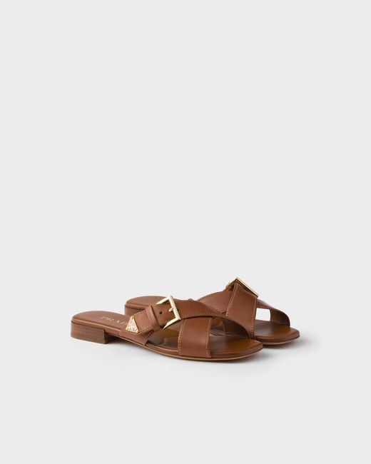 Prada Brown Logo Plaque Buckled Sandals