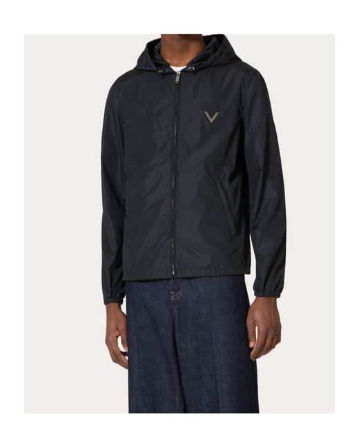 Valentino Black Logo Plaque Zip-Up Hooded Jacket for men