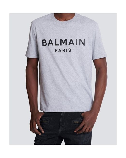 Balmain Gray Logo Printed Crewneck T-Shirt for men