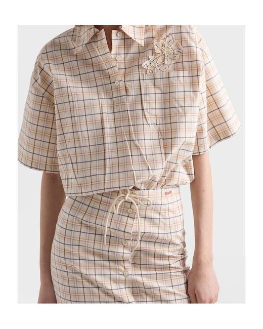 Prada Natural Embroidered Checked Poplin Top