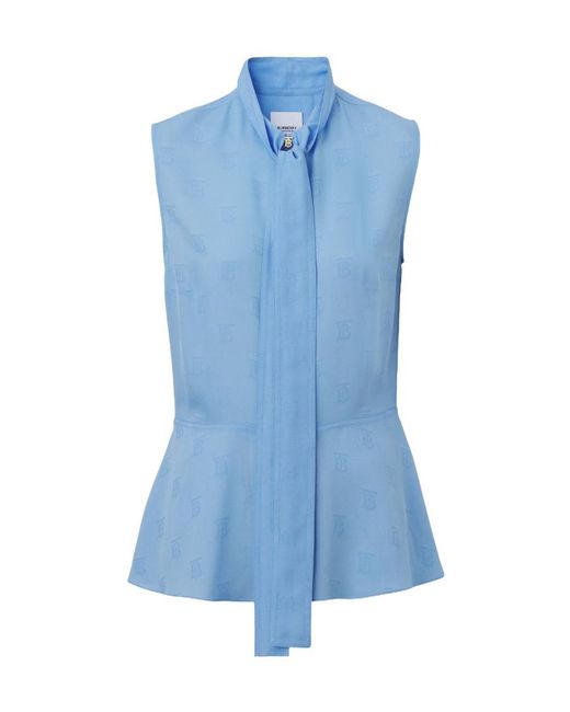 Burberry Blue Logo Jacquard Satin Sleeveless Shirt