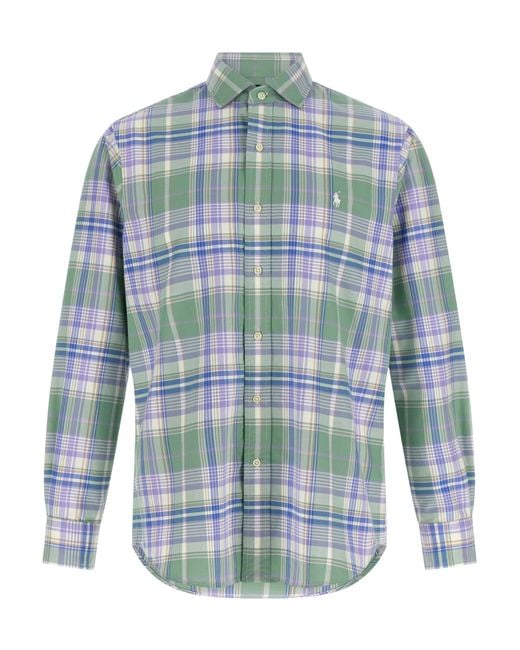 Polo Ralph Lauren Blue Custom-Fit Plaid Embroidered-Logo Shirt for men