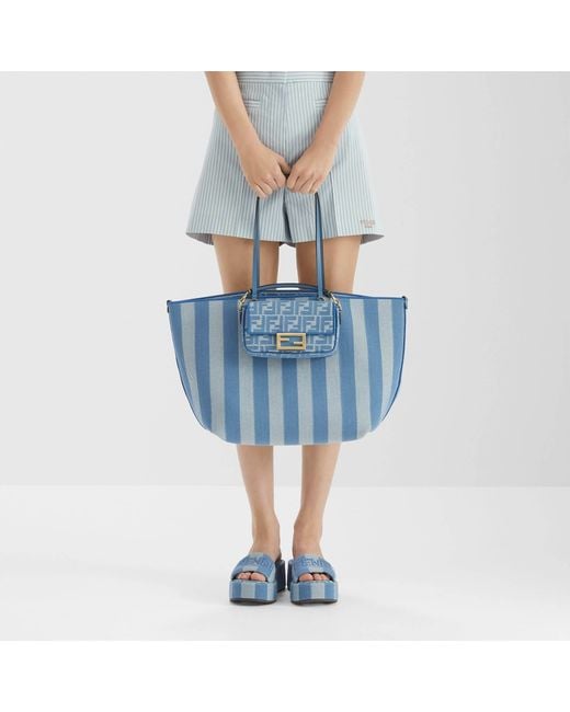 Fendi Blue Roll Striped Reversible Large Tote Bag