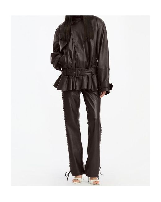 ROTATE BIRGER CHRISTENSEN Gray Straight-Leg Laced-Detail Leather Pants