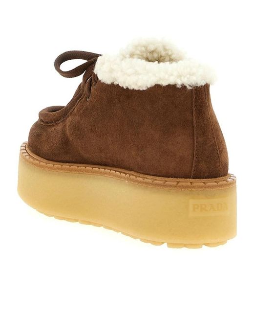 Prada Brown Laced Fluffy Low-Top Platform Boots