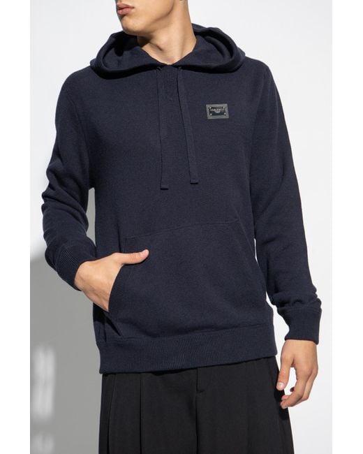 Dolce & Gabbana Blue Logo Plaque Knitted Drawstring Hoodie for men