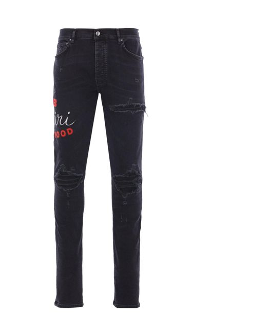 Amiri Blue Embroidered Distressed Jeans for men