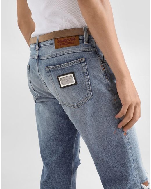 Dolce & Gabbana Blue Ripped Logo-Plaque Jeans for men