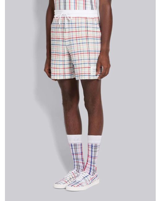 Thom Browne Blue Gingham-Check Drawstring Tweed Shorts for men