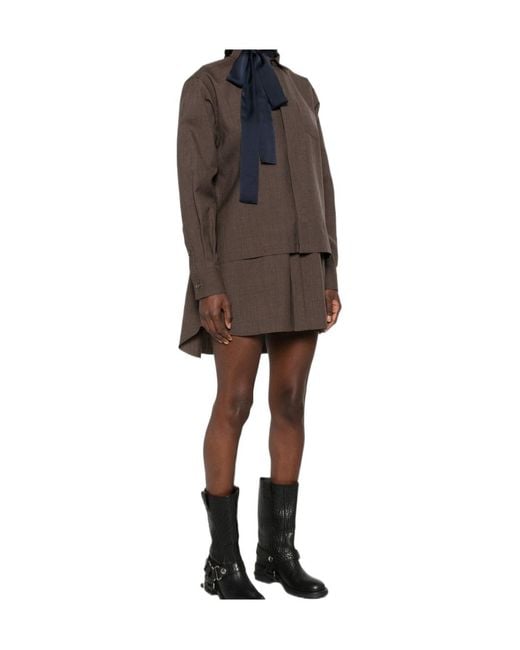 Sacai Brown Long-Sleeve Layered Mini Shirt Dress