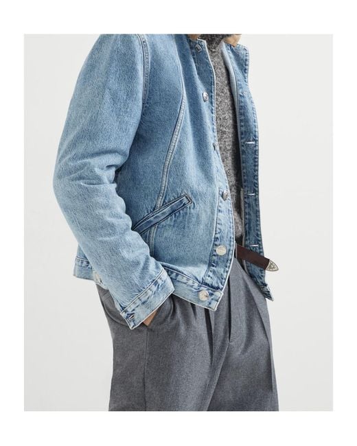 Brunello Cucinelli Blue Contrasting-Collar Denim Jacket for men