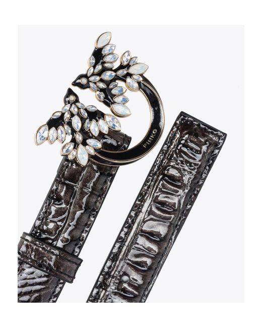 Pinko White Galleria Thin 2Cm Croc-Print Belt With Love Birds Buckle