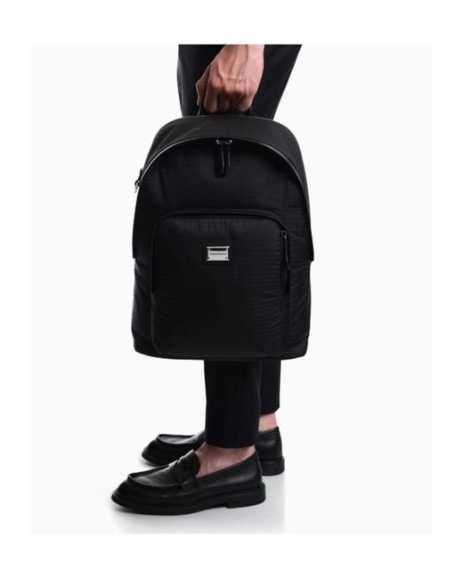 Emporio Armani Black Monogram Logo-Plaque Backpack for men