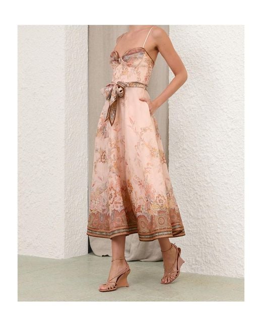 Zimmermann Natural Floral Belted Midi Dress