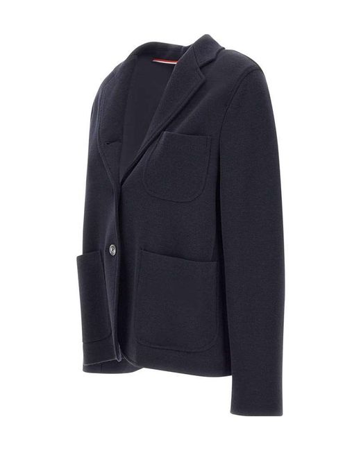 Thom Browne Blue Logo-Patch Straight Hem Blazer