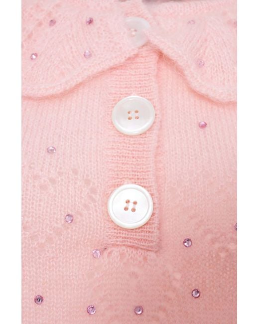 Alessandra Rich Pink Embellished Short Puff Sleeved Knitted Top