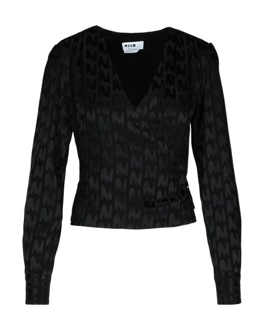 MSGM Black All-Over Patterned V-Neck Blouse