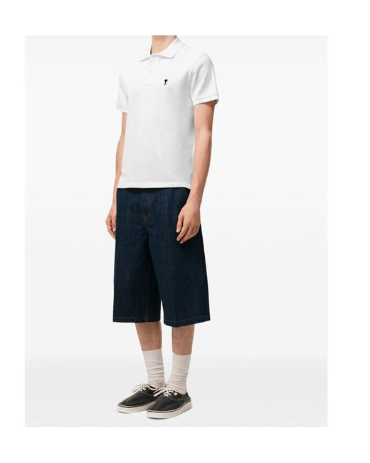 AMI White Ami Logo Embroidered Short Sleeved Polo Shirt for men