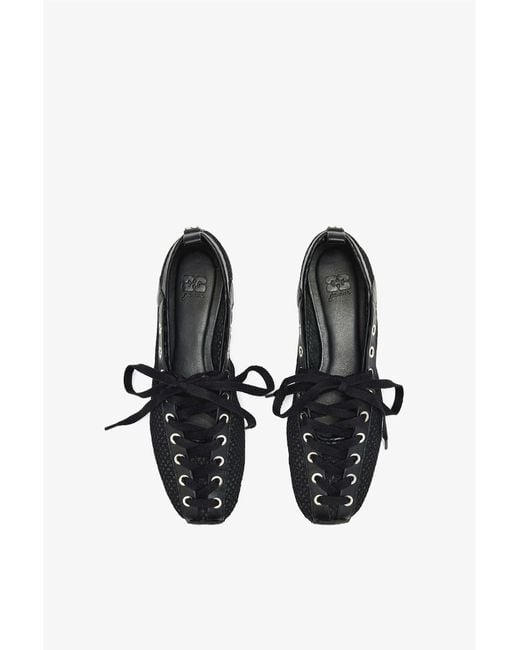 Ganni Black Mesh Lace-Up Flat Shoes