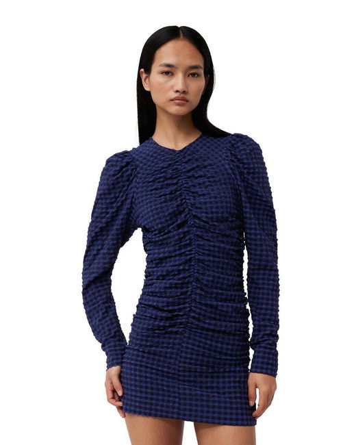 Ganni Blue Gingham Printed Crewneck Seersucker Mini Dress