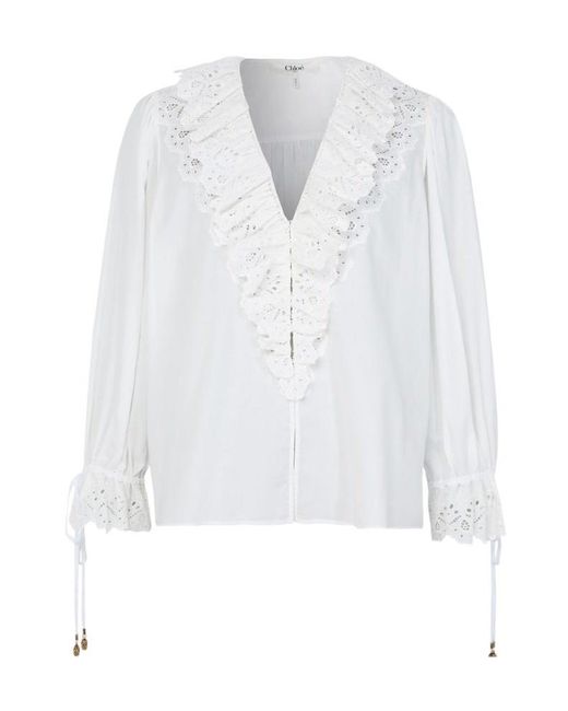 Chloé White V-Neck Long-Sleeved Shirt