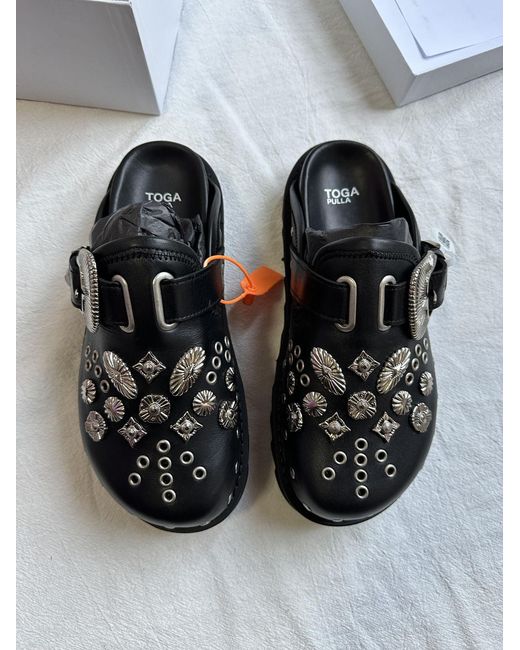 Toga Black Sabot Eyelet-Embellished Leather Mules