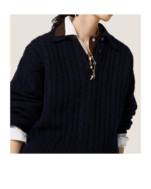 Miu Miu Blue Long-Sleeved Knitted Polo Shirt