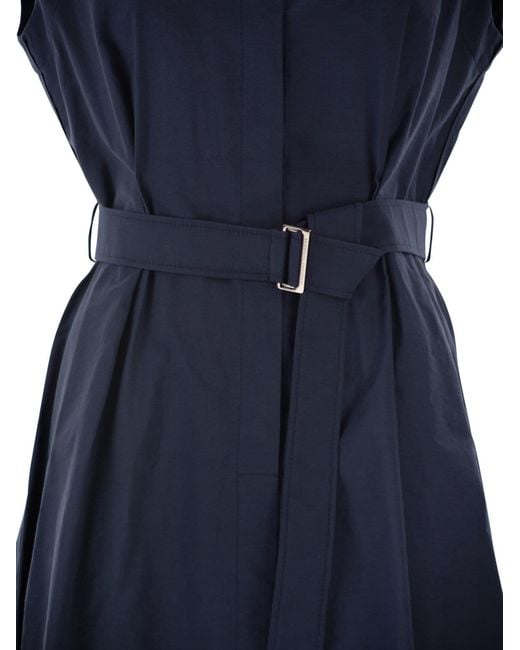 Brunello Cucinelli Blue Long Sleeveless Cotton Dress With Belt