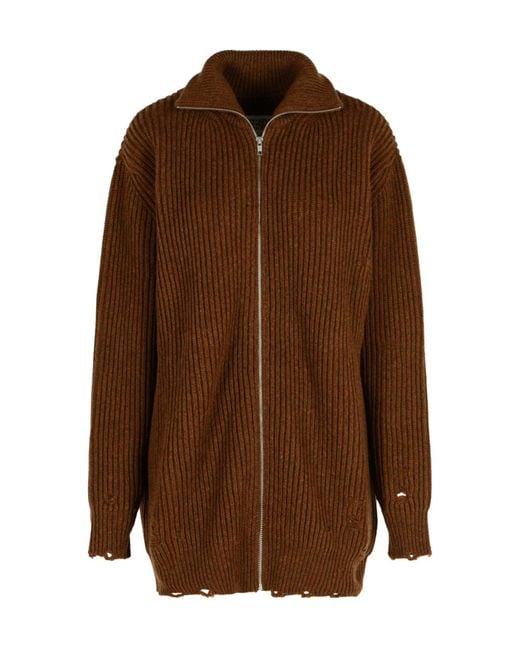 MM6 by Maison Margiela Brown High Neck Zip-Up Cardigan
