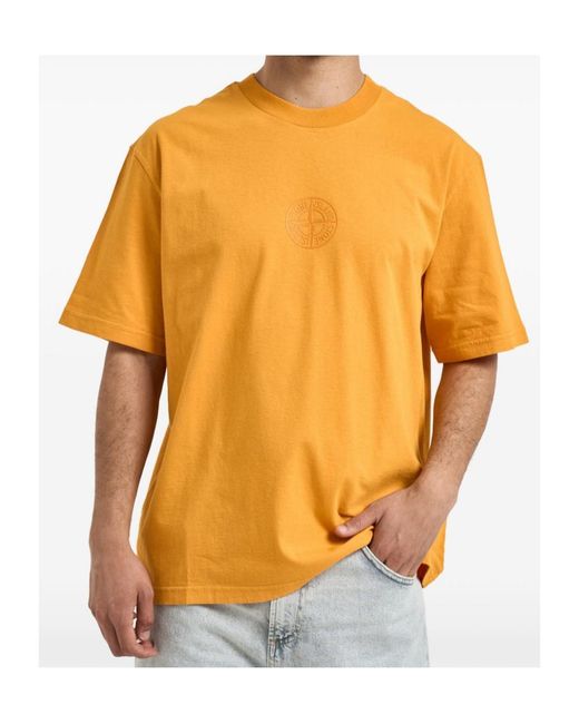 Stone Island Orange Camo Compass Printed Crewneck T-Shirt for men