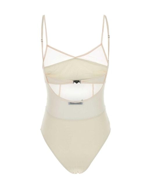 Prada Natural Tulle V-Neck Swimsuit