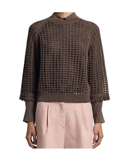 Peserico Brown Openwork Fringed Knitted Sweater