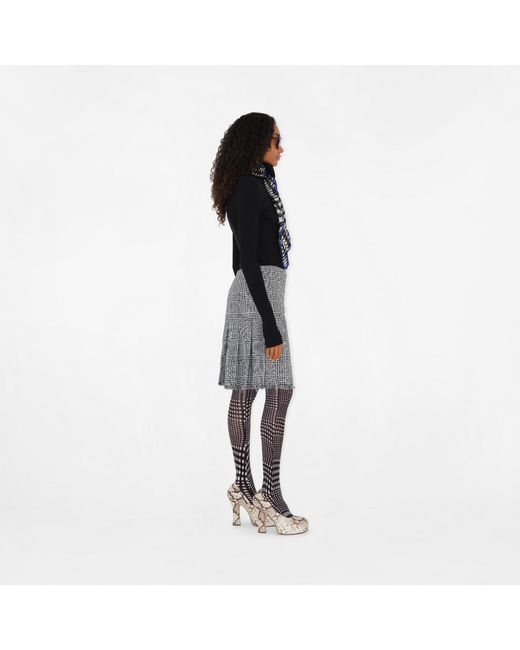 Burberry Gray Plaid-Check Pleated Fringed Mini Skirt