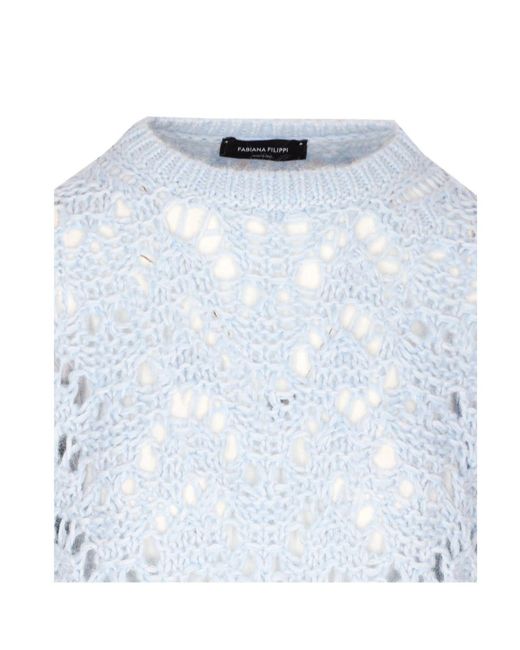 Fabiana Filippi Blue Openwork Crew Neck Knitted Sweater
