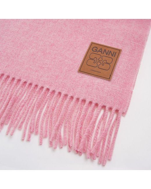Ganni Pink Logo Patch Fringed Edge Scarf