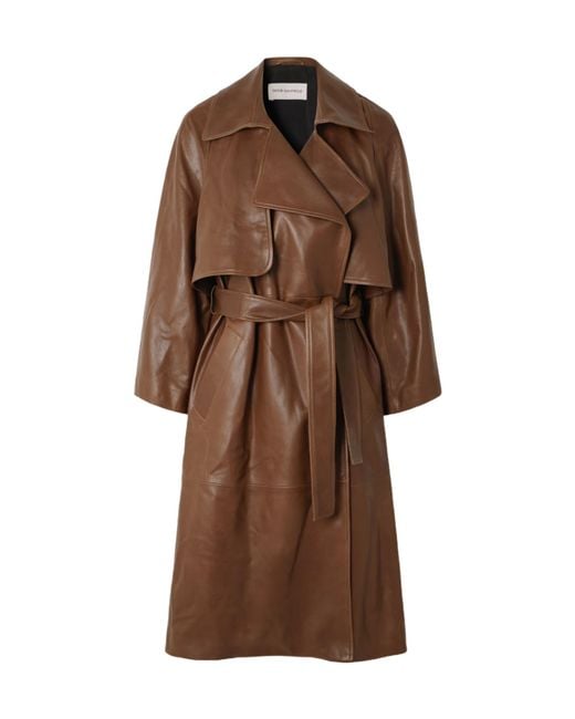 Nour Hammour Brown Belted Leather Trench Coat
