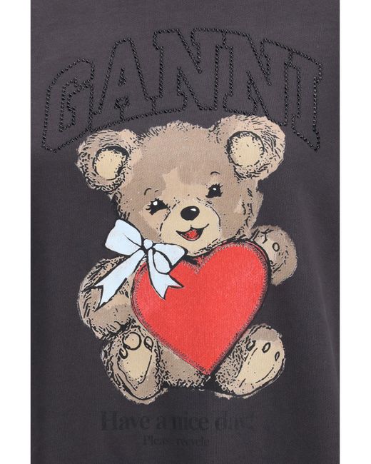 Ganni Gray Bear-Printed Crewnecj Sweatshirt