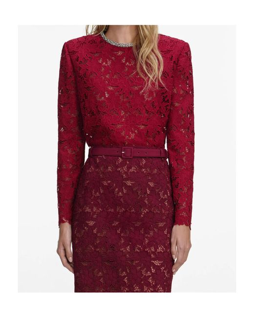 Self-Portrait Red Guipure Lace Midi Skirt