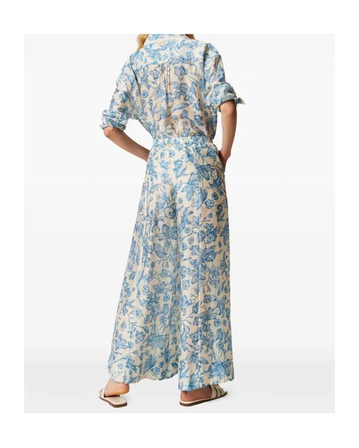 Twinset Blue Floral-Print Palazzo Trousers