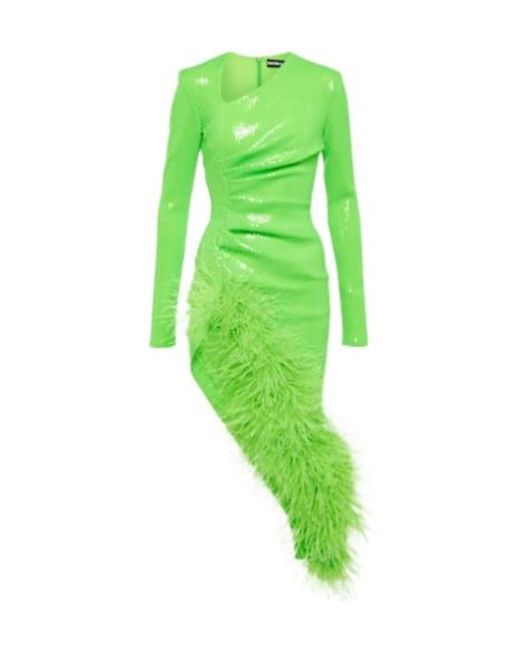David Koma Green Sequined Feather-Trimmed Midi Dress