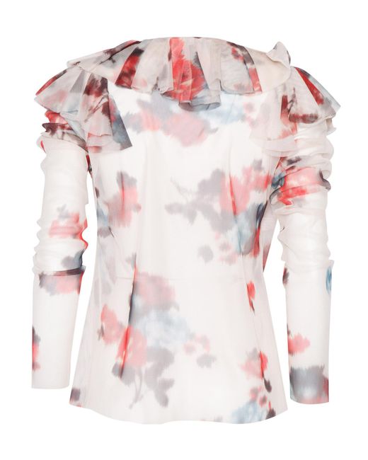Philosophy Di Lorenzo Serafini Pink Ruffled-Neckline Floral-Print Blouse